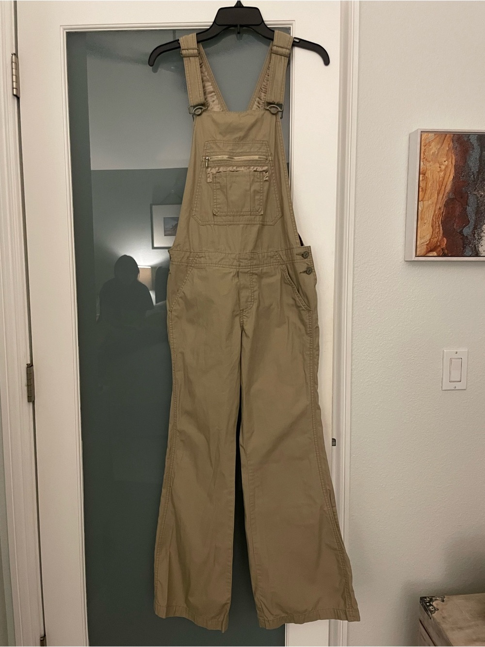 Union Bay Khaki Long Overalls Adjustable Straps Size M Satin Detail